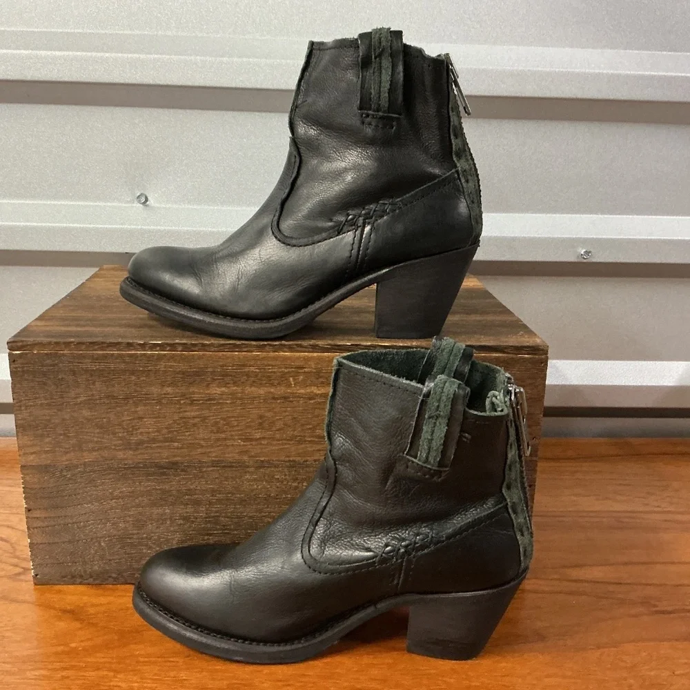 Frye Women Leslie Artisan Black Leather Boho Cowgirl Zip Ankle Boot Size 6.5